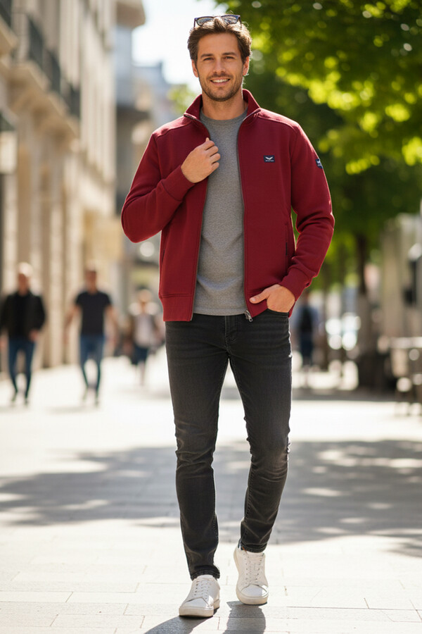Men's Three-Thread Brushed Cotton Zip-Front Vest 0347 Burgundy - Thumbnail