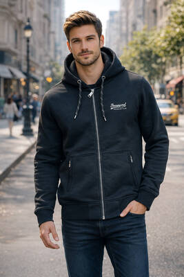 Remsa - Men's Three-Thread Cotton Zip-Front Hooded Outer Jacket 0317 Black