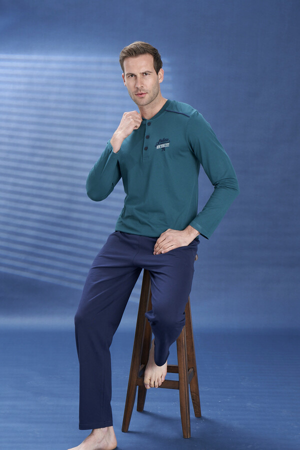 Men's Viscose Half-Button Detail Long Sleeve Pajama Set 2102 Green04 - Thumbnail