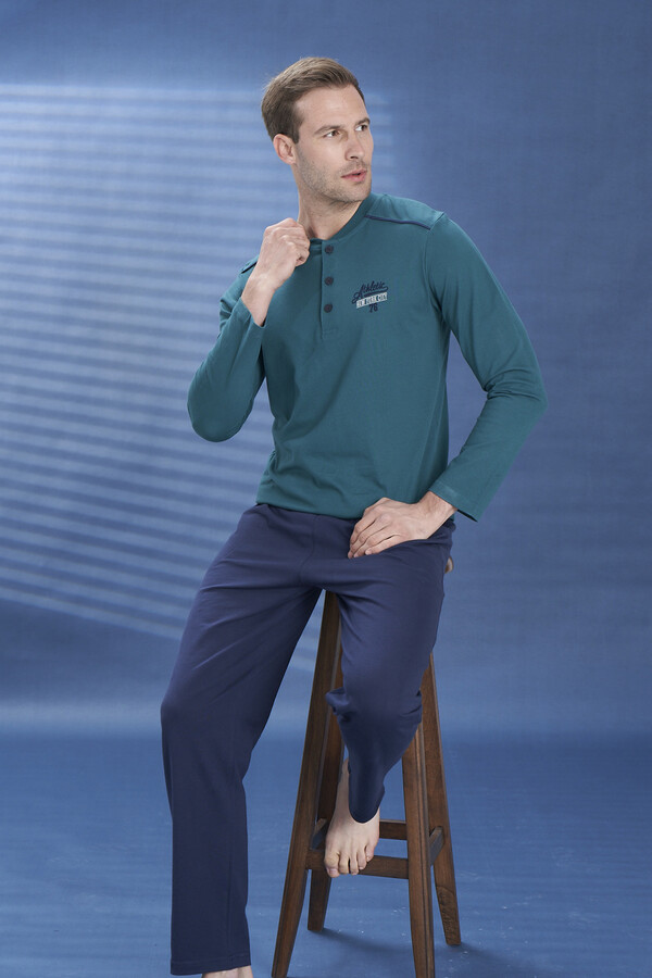 Men's Viscose Half-Button Detail Long Sleeve Pajama Set 2102 Green04 - Thumbnail