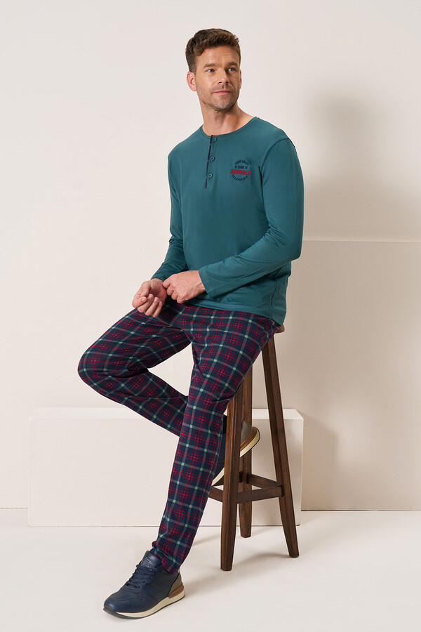 Men's Viscose Long Sleeve Pajama Set 3196 Emerald - Thumbnail