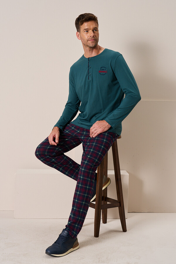 Men's Viscose Long Sleeve Pajama Set 3196 Emerald - Thumbnail