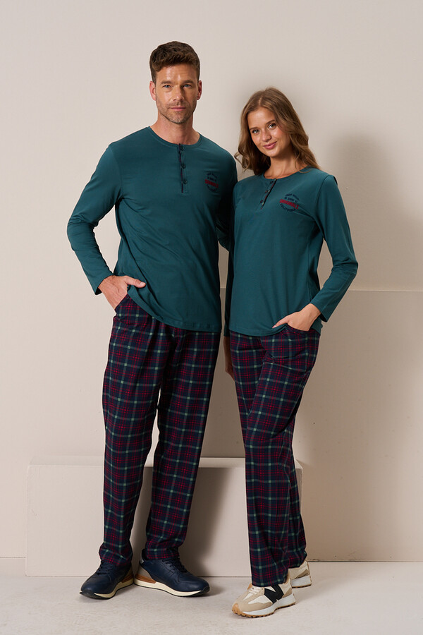 Men's Viscose Long Sleeve Pajama Set 3196 Emerald - Thumbnail