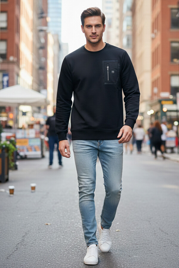 Men's Zip-Front Crewneck Cotton Sweatshirt 24722 Black - Thumbnail