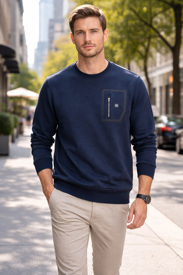 Men's Zip-Front Crewneck Cotton Sweatshirt 24722 Navy - Thumbnail
