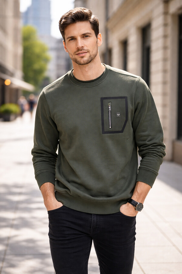 Men's Zip-Front Crewneck Cotton Sweatshirt 24722 Taupe - Thumbnail