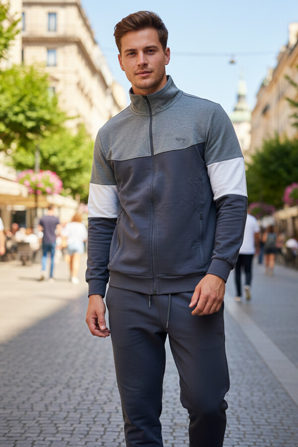 Men's Zippered Cotton Tracksuit Set in Taupe - Thumbnail