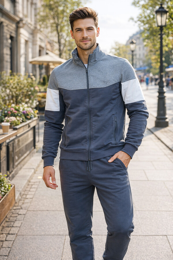 Men's Zippered Cotton Tracksuit Set in Taupe - Thumbnail