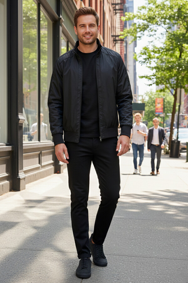 Men's Zippered Mid-Season Jacket REU-9114 Black - Thumbnail