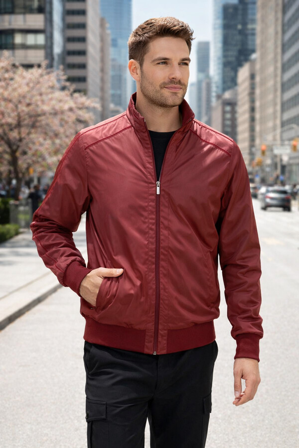 Men's Zippered Mid-Season Jacket REU-9114 Burgundy - Thumbnail
