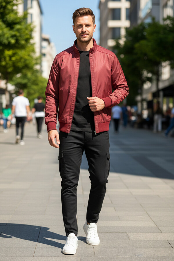 Men's Zippered Mid-Season Jacket REU-9114 Burgundy - Thumbnail