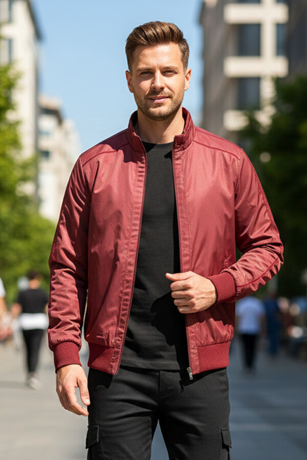Men's Zippered Mid-Season Jacket REU-9114 Burgundy - Thumbnail