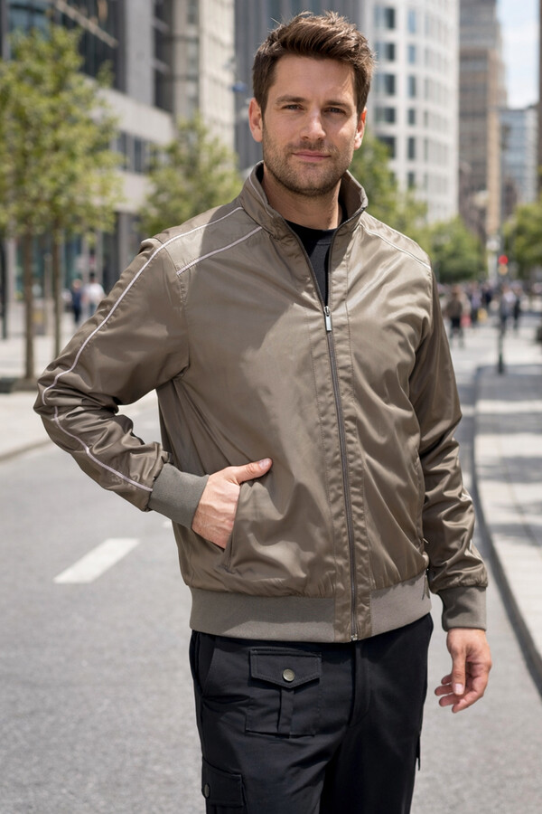 Men's Zippered Mid-Season Jacket REU-9114 Camel - Thumbnail