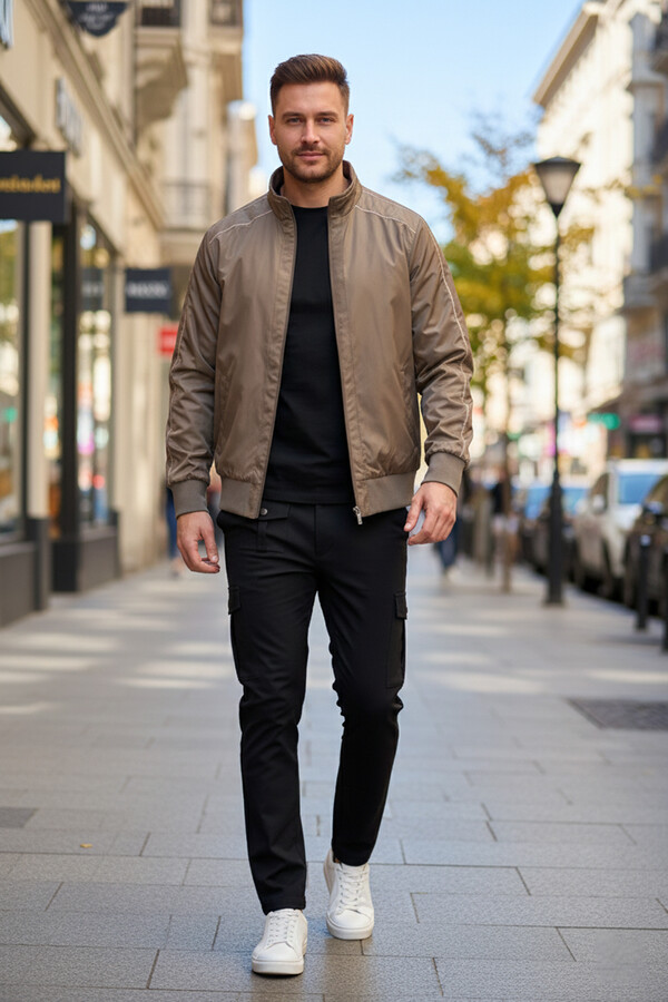 Men's Zippered Mid-Season Jacket REU-9114 Camel - Thumbnail