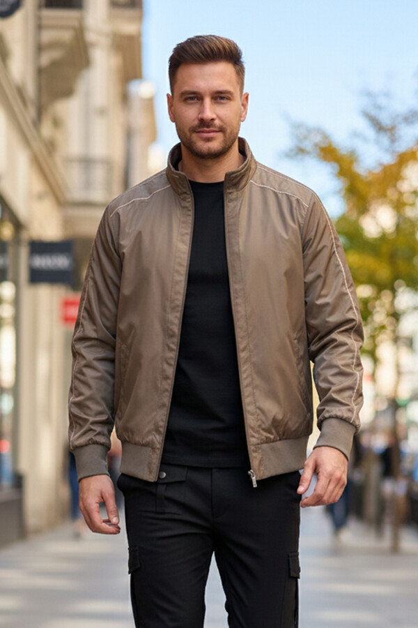 Men's Zippered Mid-Season Jacket REU-9114 Camel - Thumbnail