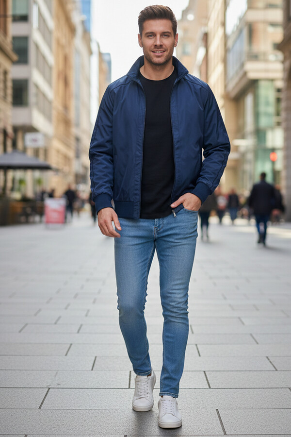 Men's Zippered Mid-Season Jacket REU-9114 Navy Blue - Thumbnail