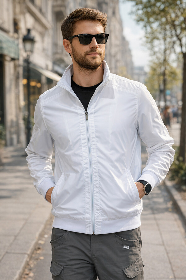 Men's Zippered Mid-Season Jacket REU-9114 White - Thumbnail