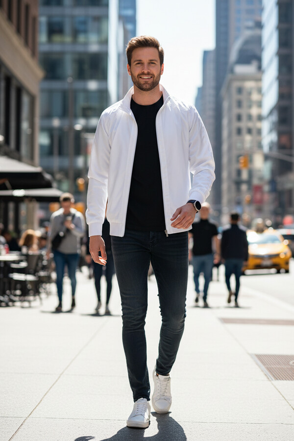 Men's Zippered Mid-Season Jacket REU-9114 White - Thumbnail