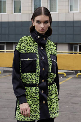 Missemramiss - Missemramiss Fur-Trimmed Leopard Coat 4663 Green Missemramiss - Missemramiss Fur-Trimmed Leopard Coat 4663 Green