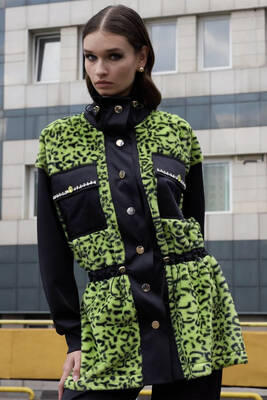 Missemramiss - Missemramiss Fur-Trimmed Leopard Coat 4663 Green (1) Missemramiss - Missemramiss Fur-Trimmed Leopard Coat 4663 Green (1)