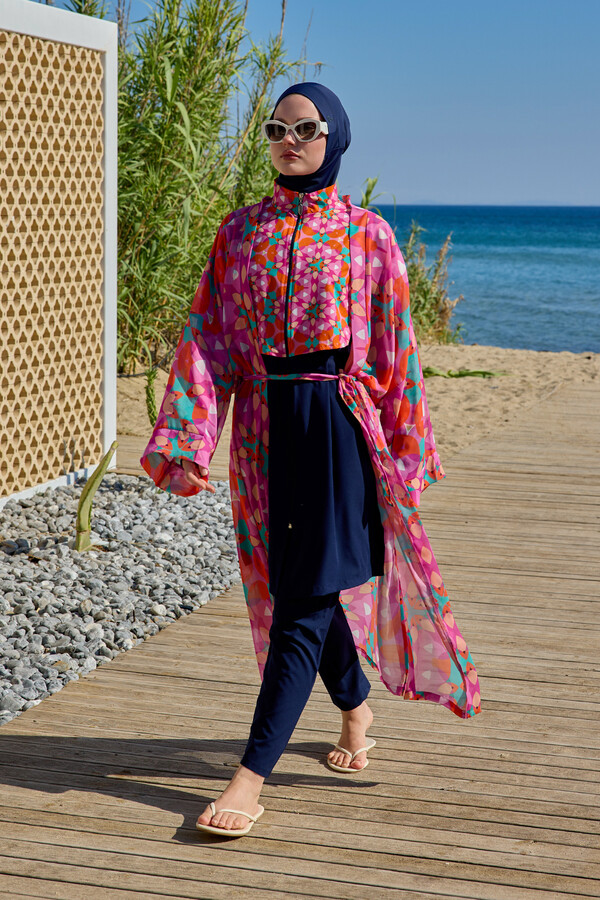 Remsa Modest Swimsuit Cover Up Kimono Pareo Pink03 RP024 Renkpare - Thumbnail