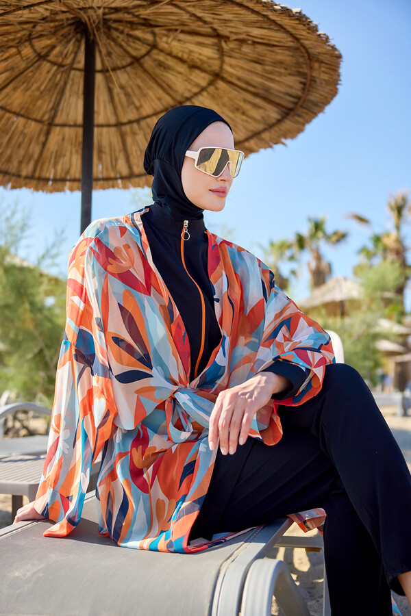 Modest Swimsuit Kaftan Kimono Pareo Orange RP027 Lotus - Thumbnail