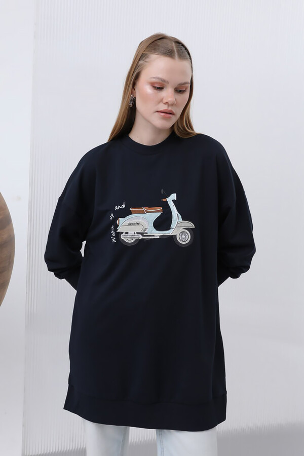 Motor Nakış İşlemeli Sweat Tunik 10636 Lacivert