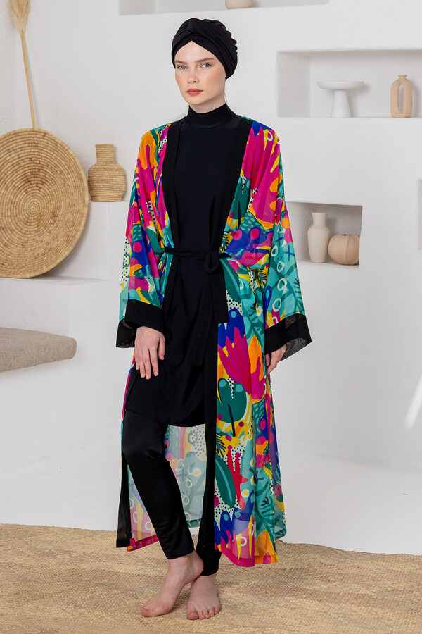 Multi-Color Print Kimono Pareo for Beach Cover-up - Thumbnail