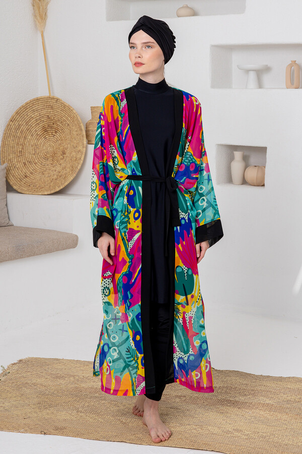 Multi-Color Print Kimono Pareo for Beach Cover-up - Thumbnail