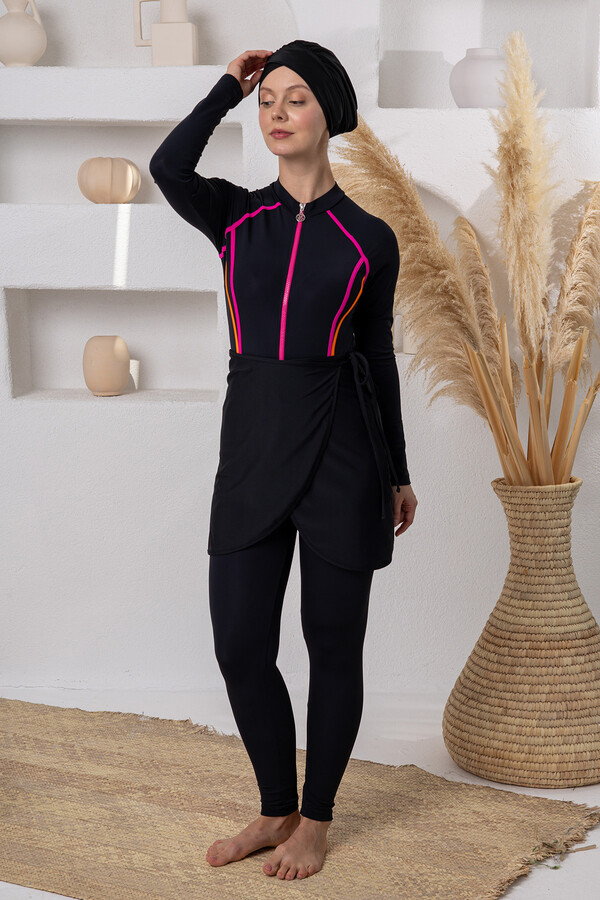 Multi-Wear Lycra Skirted Modest Swimsuit Set 1113 Black - Thumbnail