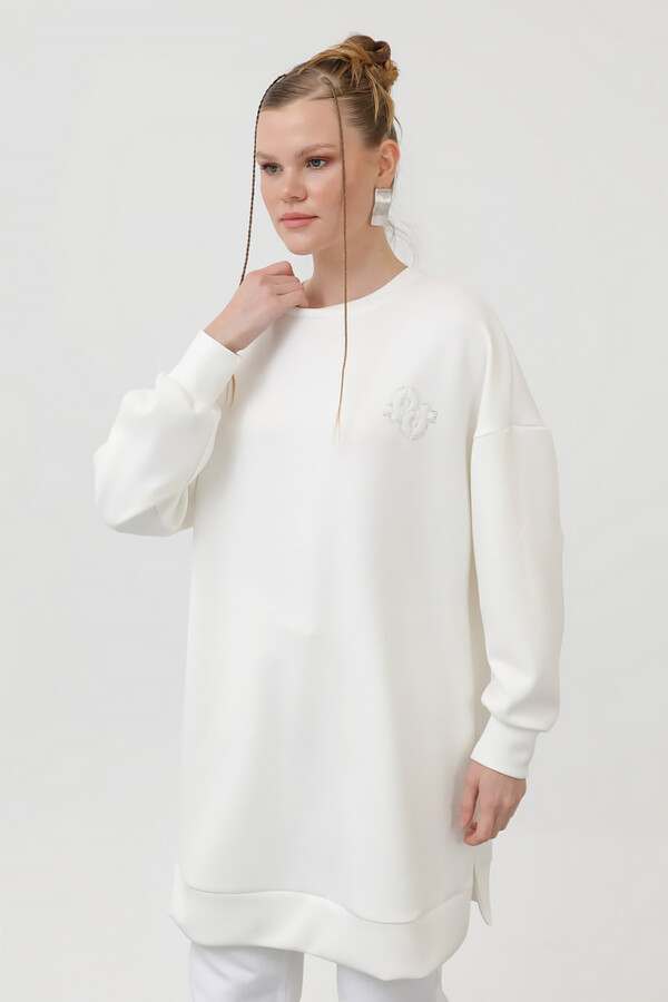 Nakış Detay Modal Sweat Tunik 10614 Ekru