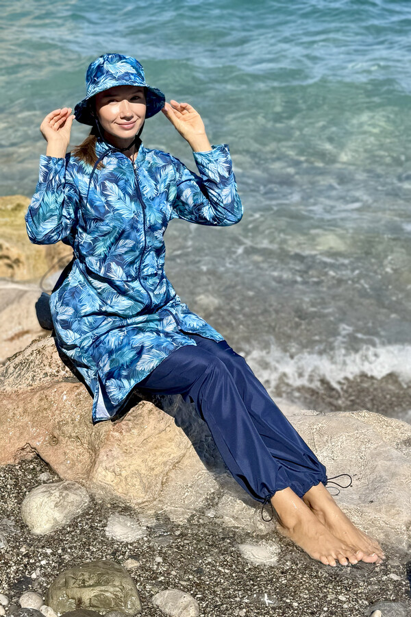 Navy Blue Full Cover Modest Swimsuit Set 2503 - Thumbnail