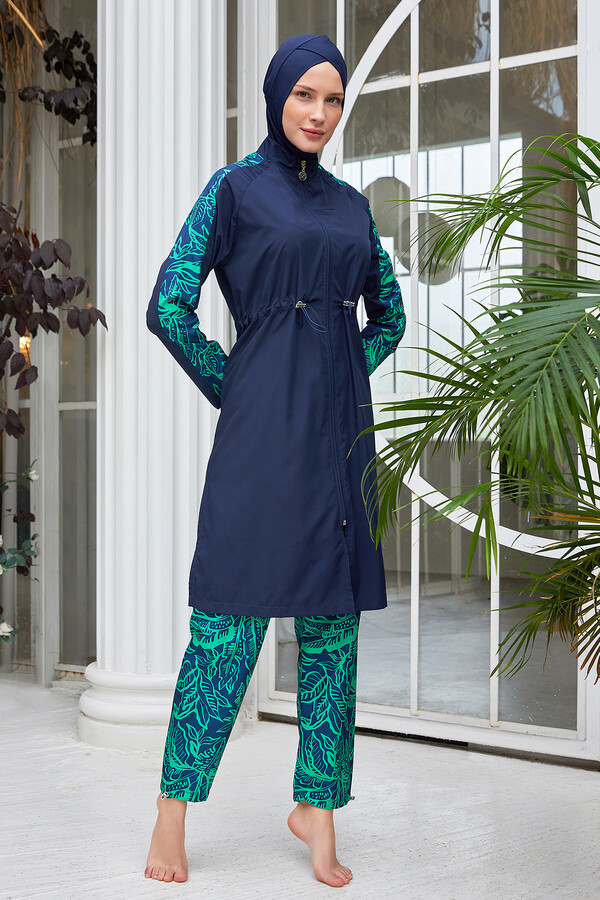 Navy Blue Full Cover Modest Swimsuit Set 2503 - Thumbnail