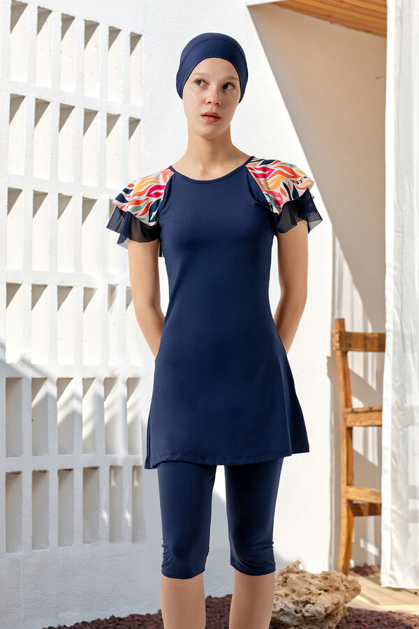 Navy Blue Lycra Short Sleeve Modest Swimsuit Set - Thumbnail