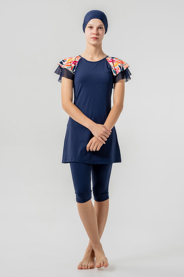 Navy Blue Lycra Short Sleeve Modest Swimsuit Set - Thumbnail