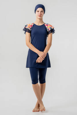 Maresiva - Navy Blue Lycra Short Sleeve Modest Swimsuit Set (1)