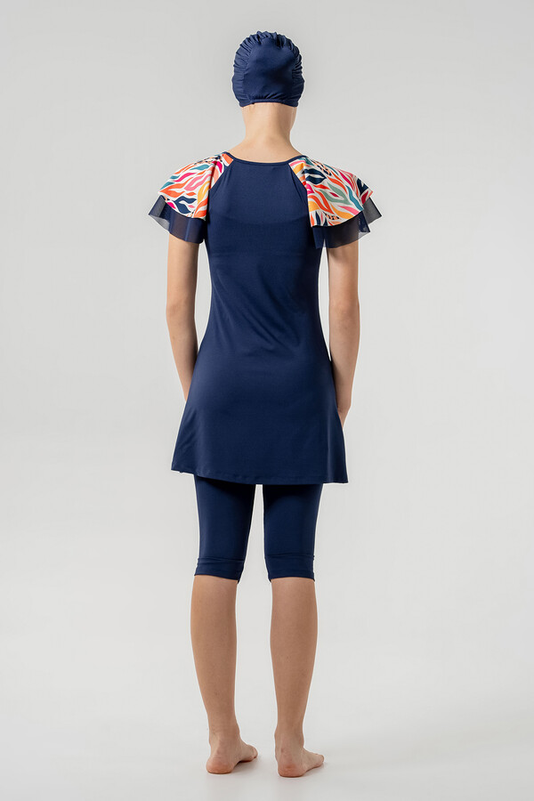 Navy Blue Lycra Short Sleeve Modest Swimsuit Set - Thumbnail