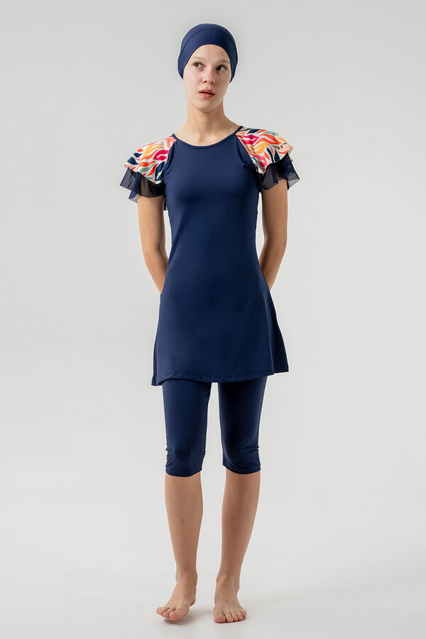 Navy Blue Lycra Short Sleeve Modest Swimsuit Set - Thumbnail