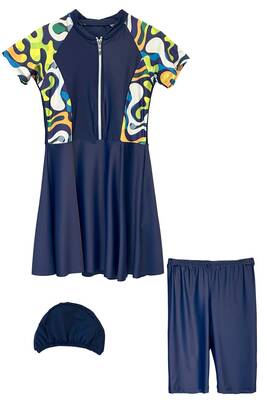 Remsa - Navy Blue Patterned Full-Cover Swimsuit Set for Girls with Short Sleeves