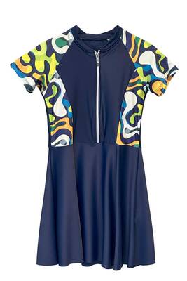 Remsa - Navy Blue Patterned Full-Cover Swimsuit Set for Girls with Short Sleeves (1)