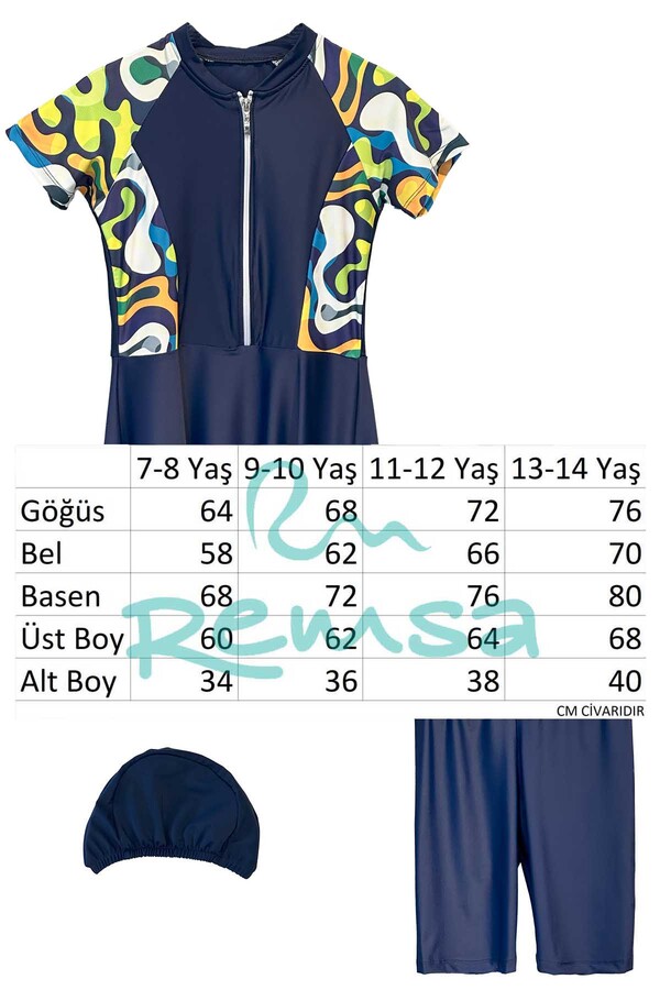 Navy Blue Patterned Full-Cover Swimsuit Set for Girls with Short Sleeves - Thumbnail