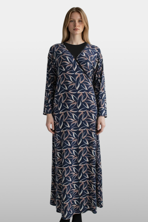Navy Blue Viscose Maxi Dress with Pattern | Remsa Mayo - Thumbnail
