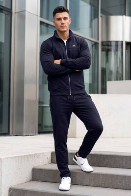 Remsa - Navy Cotton Blend Zip-Up Tracksuit Set with Straight Pants | Remsa Mayo