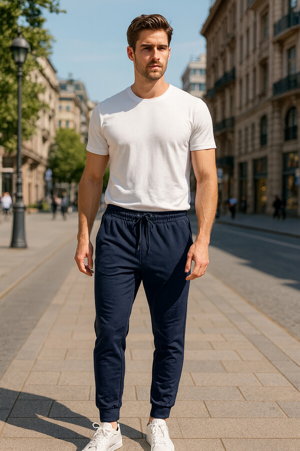 Navy Elastic Waist Sweatpants with Cuffs and 3 Pockets - Thumbnail