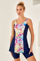 Lapieno - Navy Floral Print Sleeveless Half-Covered Swimsuit 4155