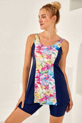 Lapieno - Navy Floral Print Sleeveless Half-Covered Swimsuit 4155 (1)