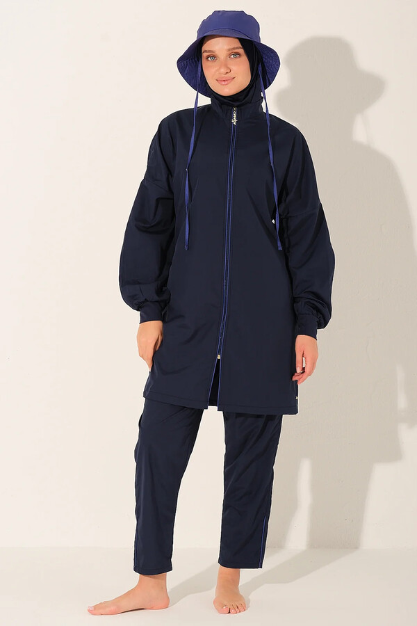 Navy Full-Cover Swimsuit with Hood and Tunic Style - Thumbnail