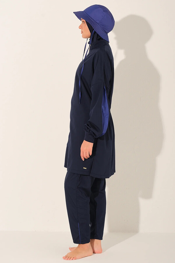 Navy Full-Cover Swimsuit with Hood and Tunic Style - Thumbnail