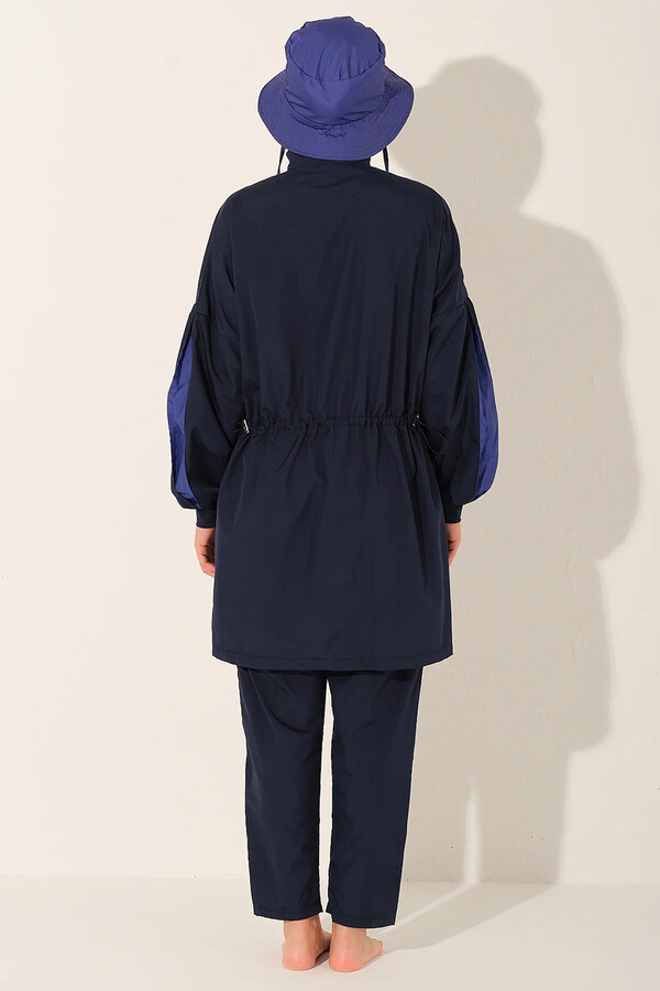 Navy Full-Cover Swimsuit with Hood and Tunic Style - Thumbnail