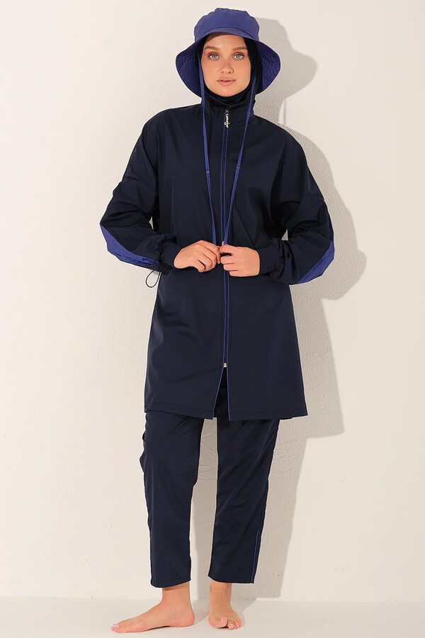 Navy Full-Cover Swimsuit with Hood and Tunic Style - Thumbnail